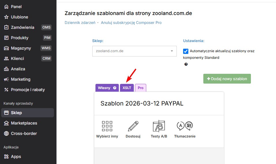 Typ szablonu Własny, XSLT w panelu IdoSell