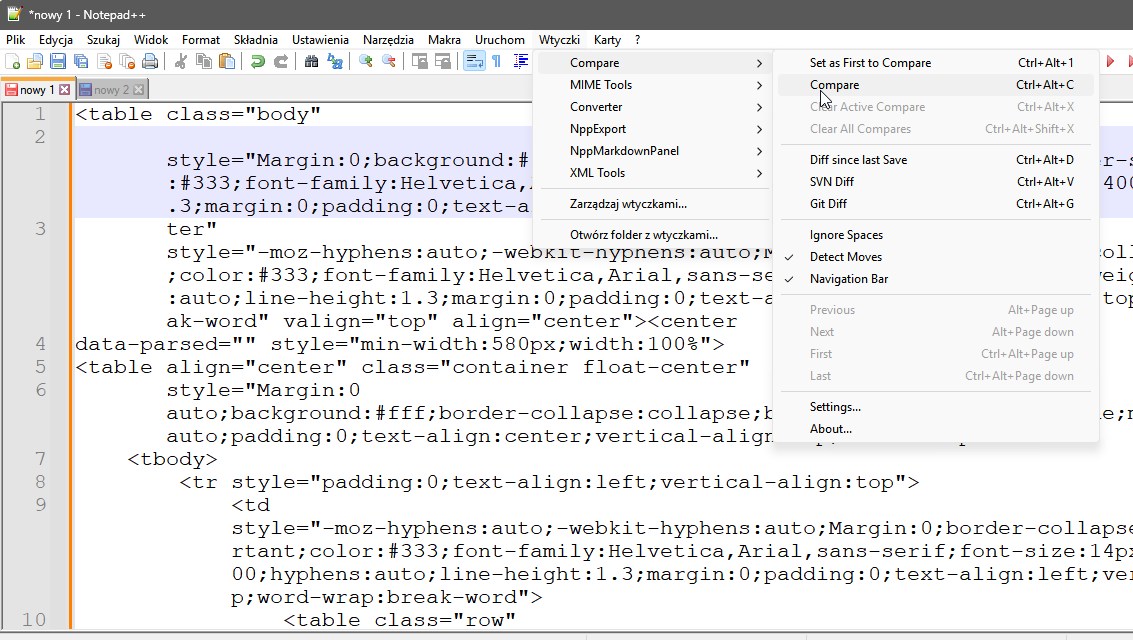 Porównanie tekstu w Notepad++ z wtyczką Compare