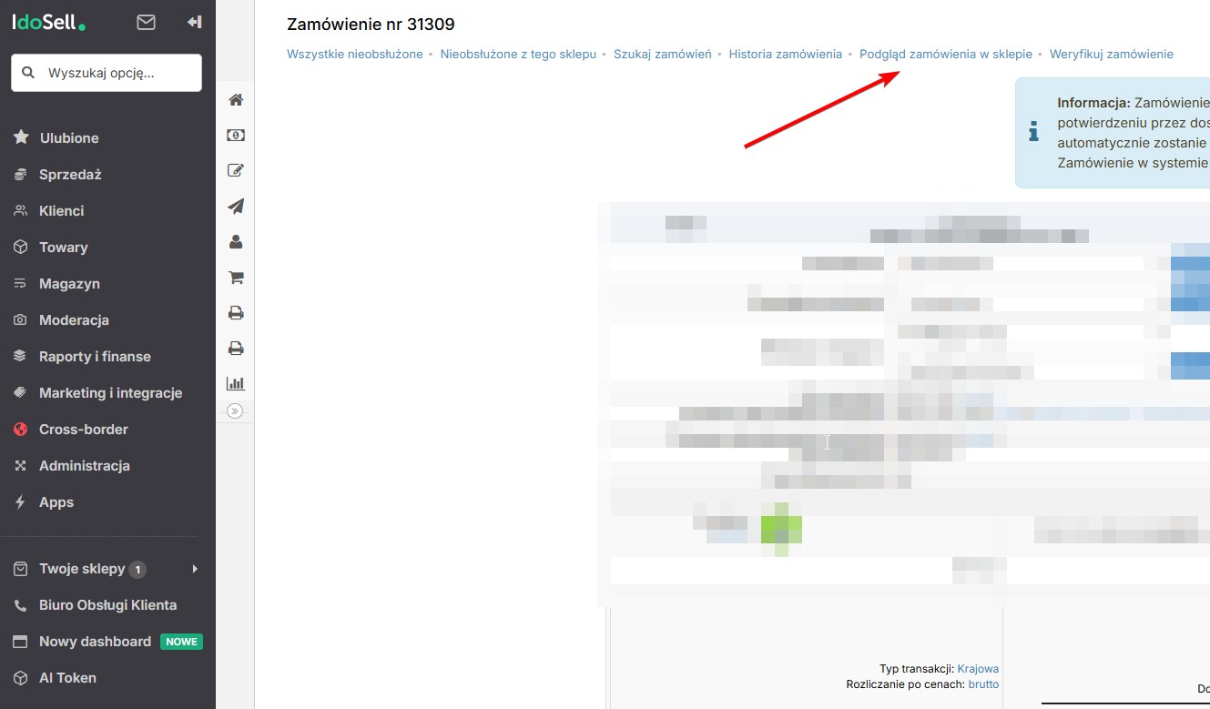 Podgląd zamówienia w sklepie z poziomu panelu IdoSell