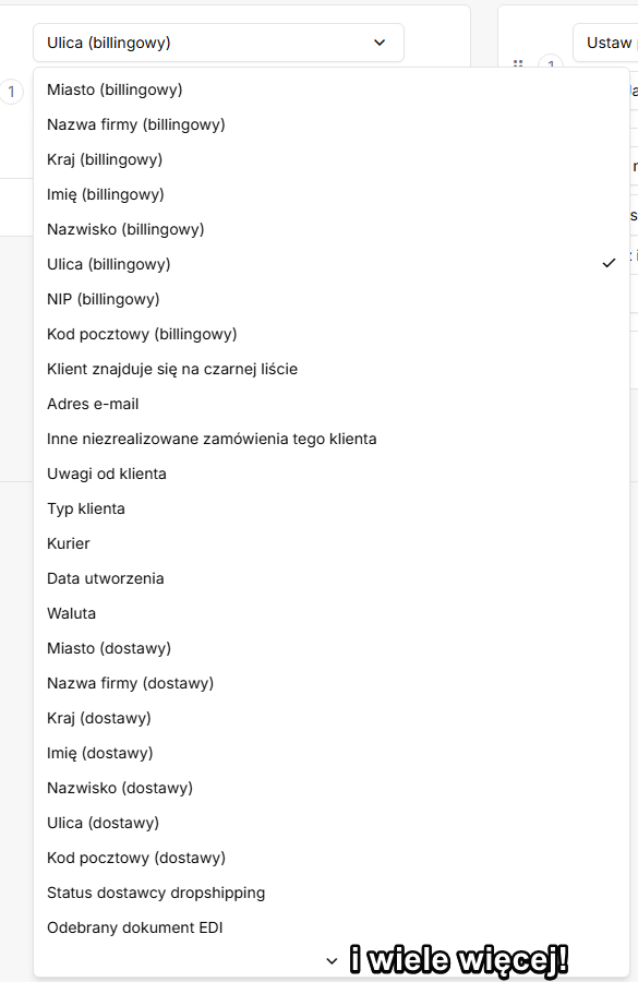 Rozwinięta lista warunków w module Automatyzacje w panelu IdoSell