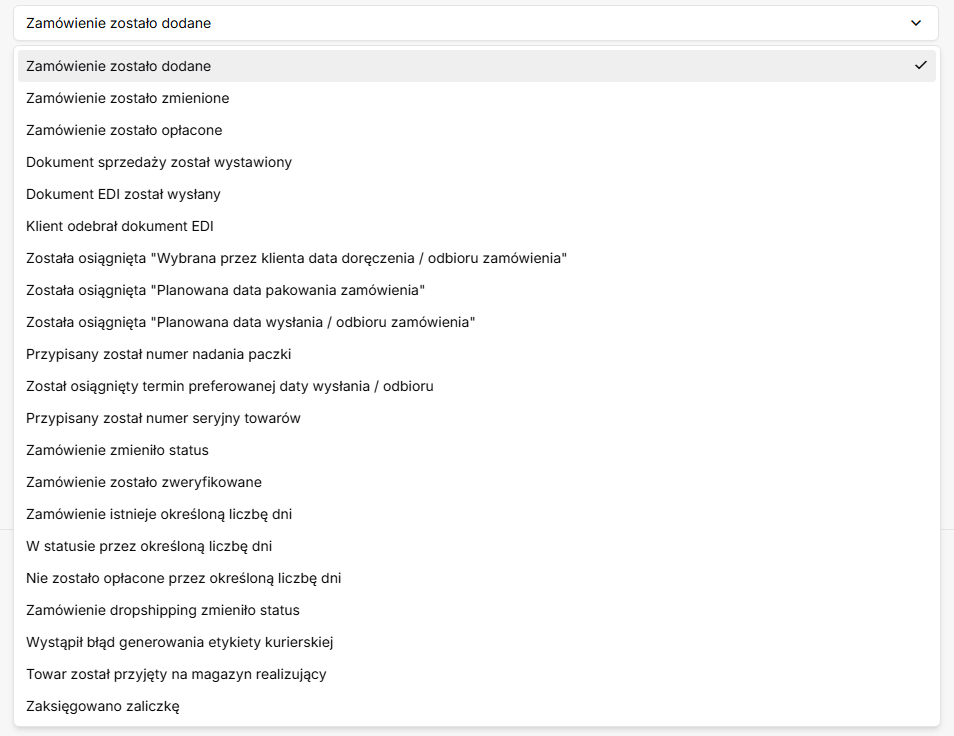 Rozwinięta lista zdarzeń w module Automatyzacje w panelu IdoSell