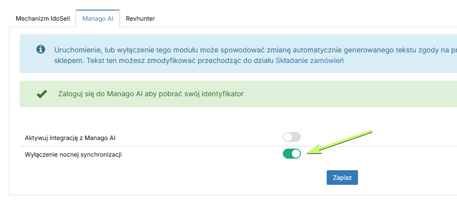 Zakładka Manago AI w konfiguracji marketing automation w IdoSell z przełącznikiem wyłączenia synchronizacji nocnej