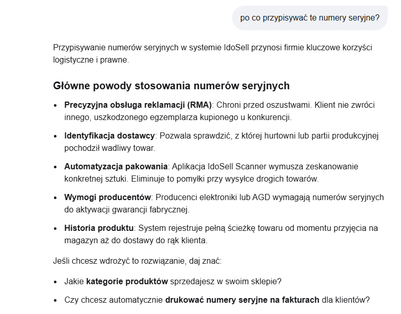 Odpowiedź modelu AI na pytanie, po co przypisywać numery seryjne: obsługa reklamacji RMA, identyfikacja dostawcy, automatyzacja pakowania, wymogi producentów i historia produktu