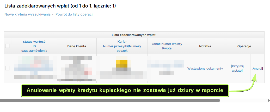 Lista zadeklarowanych wpłat z przyciskiem Anuluj w panelu IdoSell