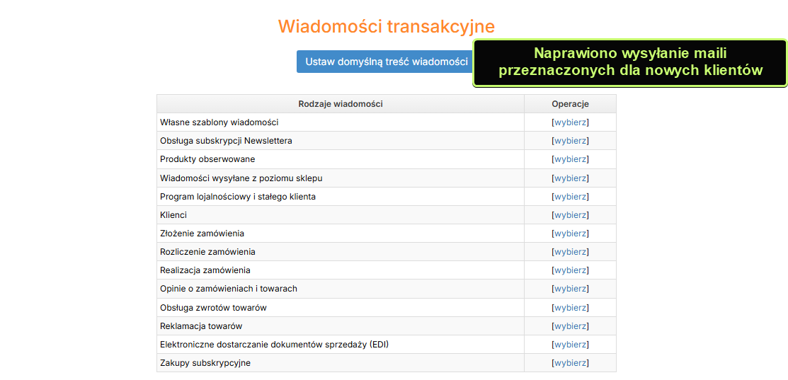 Lista rodzajów wiadomości transakcyjnych w panelu IdoSell