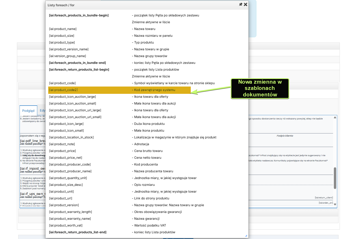 Lista zmiennych szablonu dokumentów w IdoSell z zaznaczoną zmienną iai:product_code2